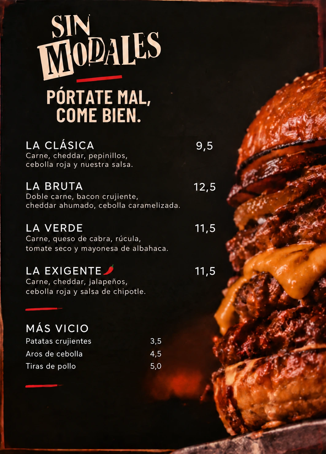 Carta de Sin Modales, con La Exigente marcada con un chile y la sección Más Vicio