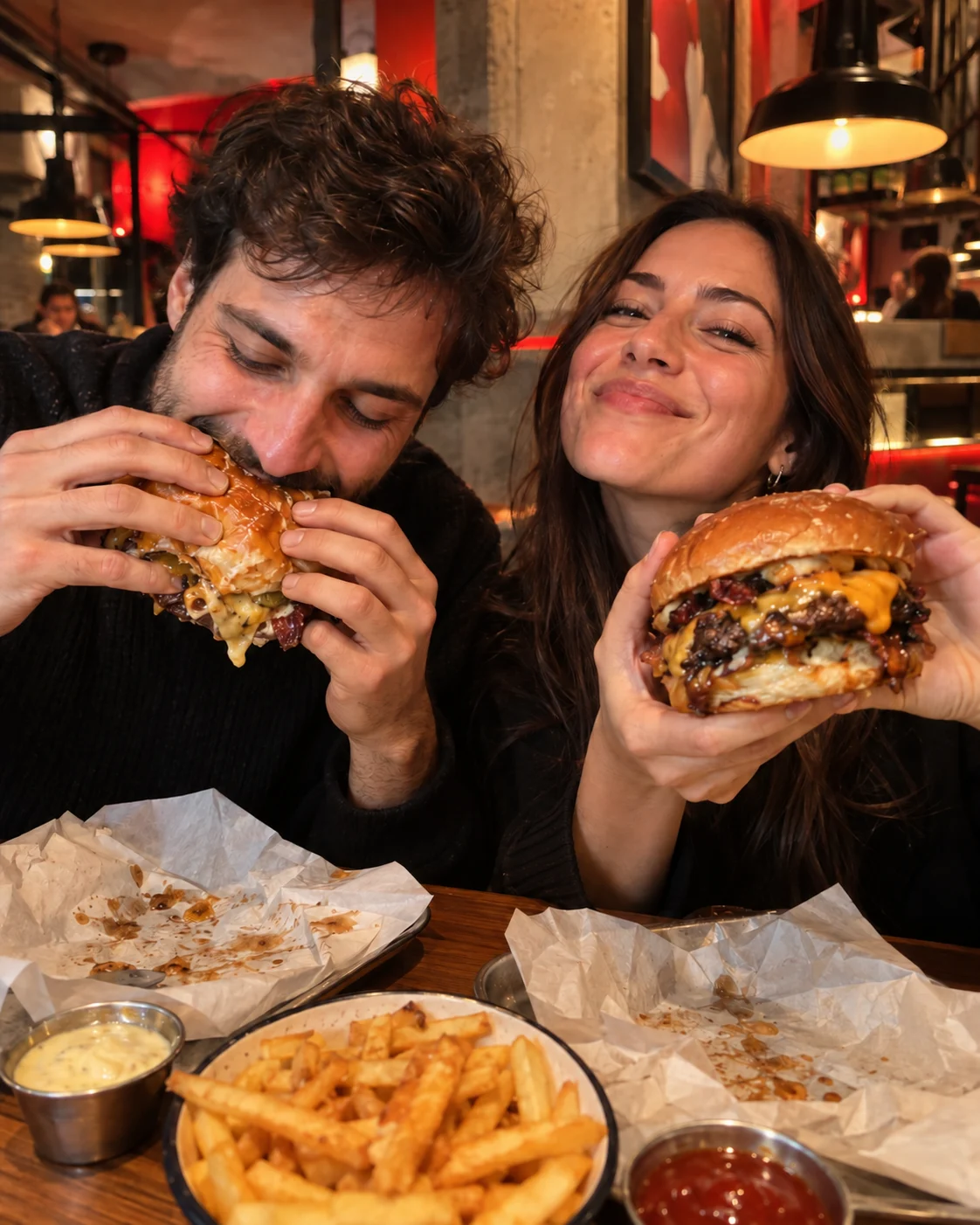 Dos personas disfrutan de sus hamburguesas en una escena de muestra
