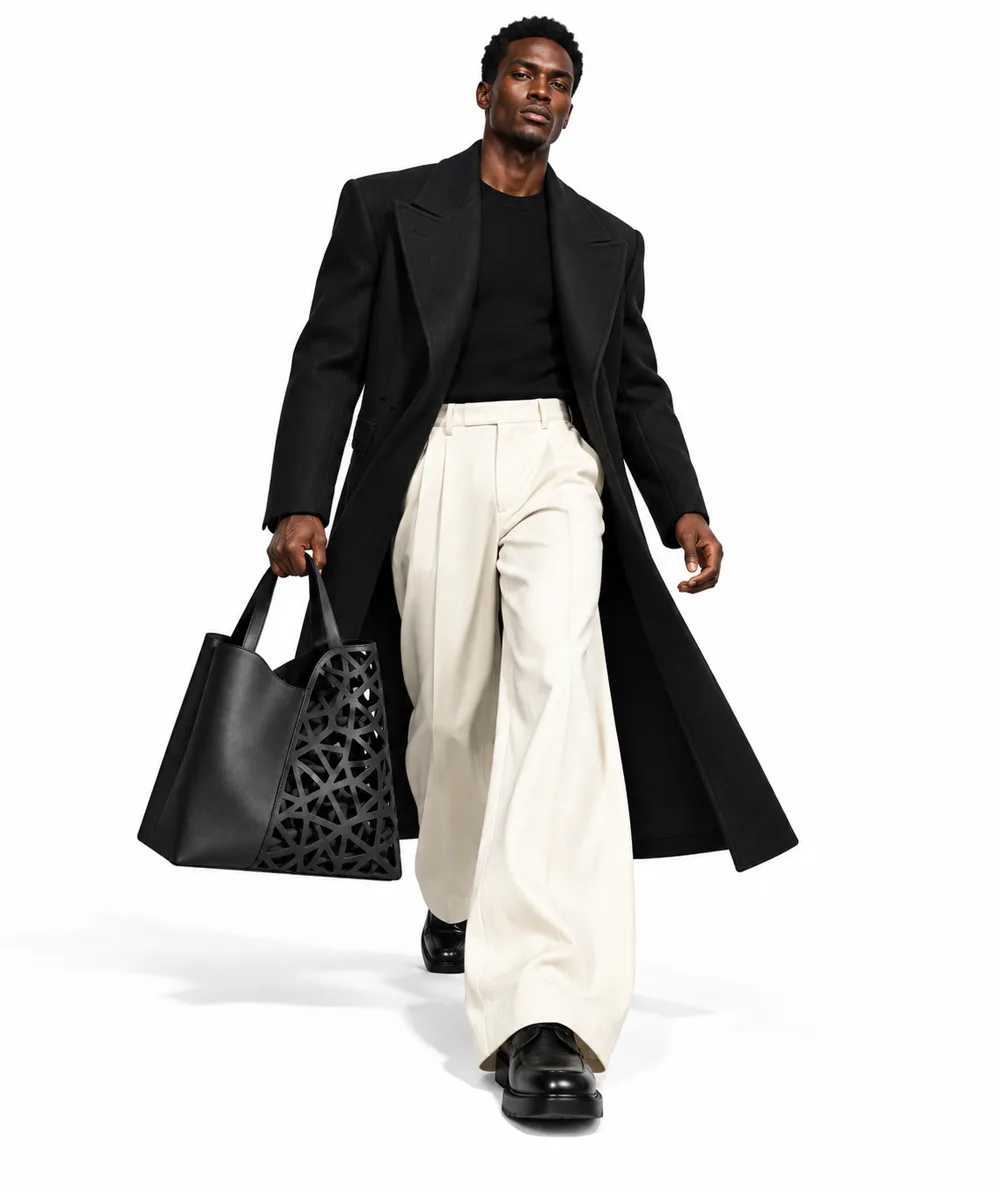 Modelo con totebag negro troquelado en estudio